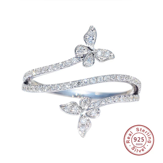 Elegant Double Butterfly 925 Sterling Silver Ring with Clear Zircon -  Jewelry Gift for Women