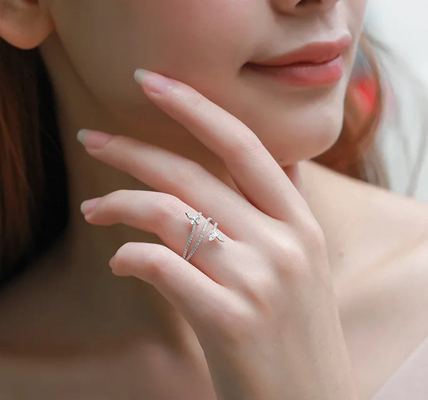 Elegant Double Butterfly 925 Sterling Silver Ring with Clear Zircon -  Jewelry Gift for Women