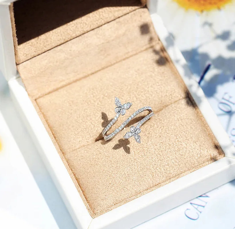 Elegant Double Butterfly 925 Sterling Silver Ring with Clear Zircon -  Jewelry Gift for Women
