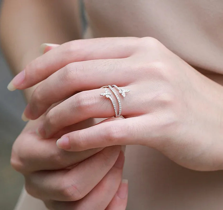Elegant Double Butterfly 925 Sterling Silver Ring with Clear Zircon -  Jewelry Gift for Women